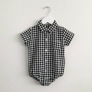 NWT Cute Boys Oxford Button Down Romper One-Piece Gingham Black & White 18-24M